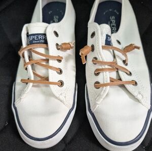 Sperry White Canvas Boat Shoes with Tan Laces and Navy Trim
